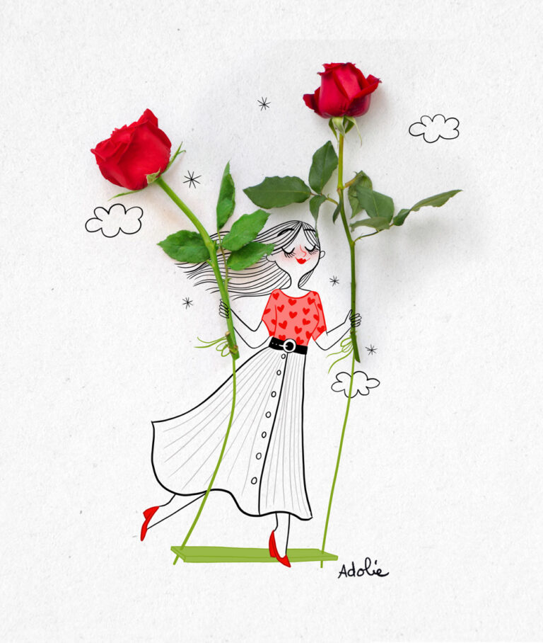 Illustration of Adolie Day of a woman grabbing roses