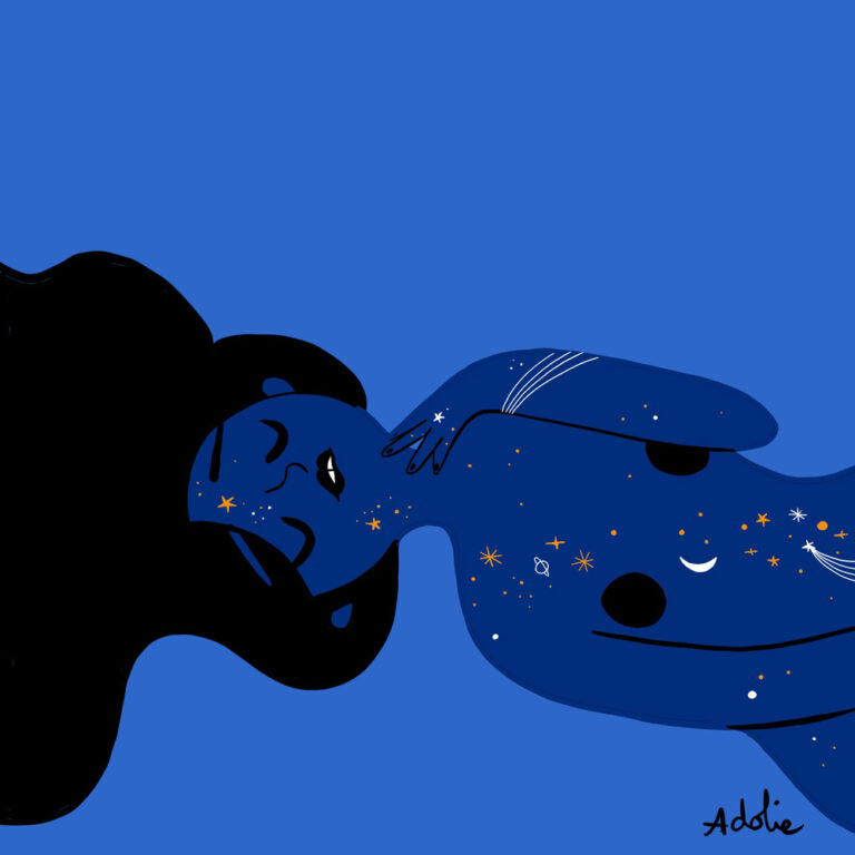 Dark blue Illustration of Adolie Day of a woman feeling pleasure
