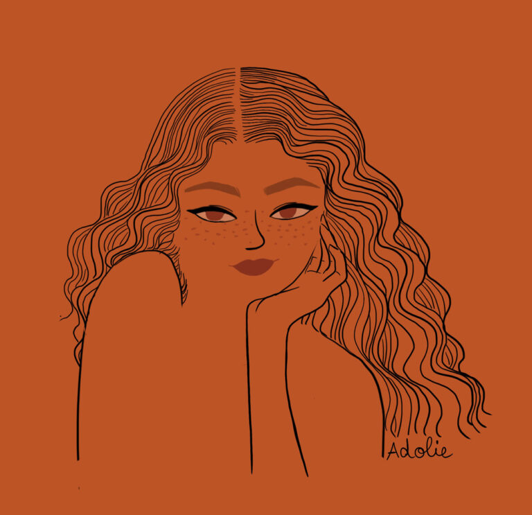 Orange Illustration of Adolie Day of a woman with freckles staring at us
