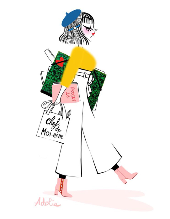 Illustration of Adolie Day of a woman walking with art stuff