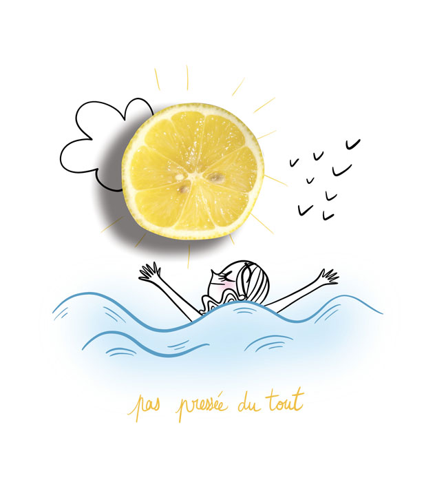 Illustration of Adolie Day with a woman swimming and enjoying the sun which is a lemon. There is a text saying "not pressed at all"
