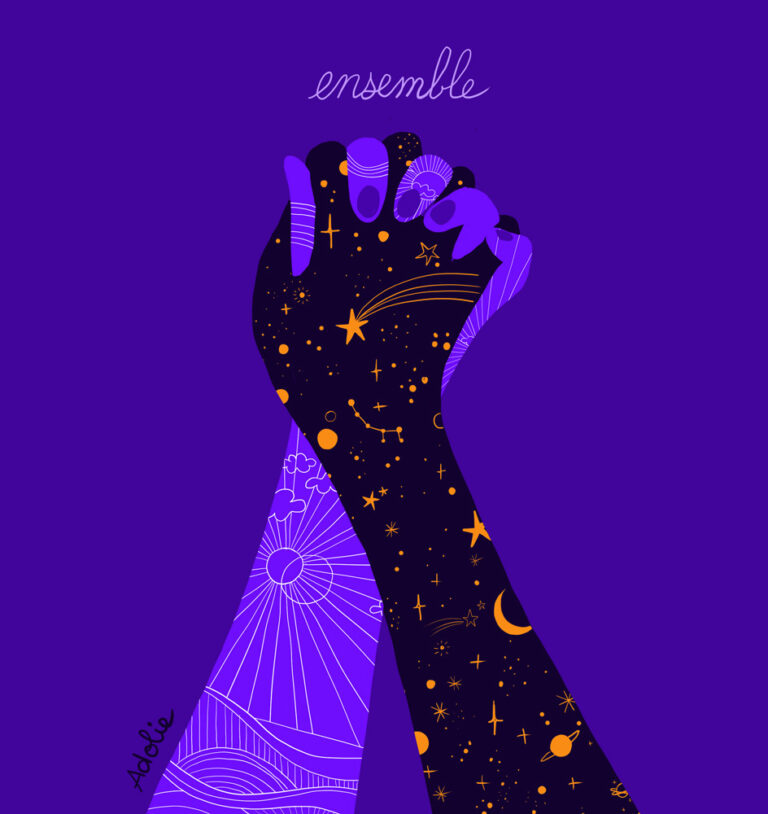 Purple Illustration of Adolie Day with people holding hands with writen "ensemble"