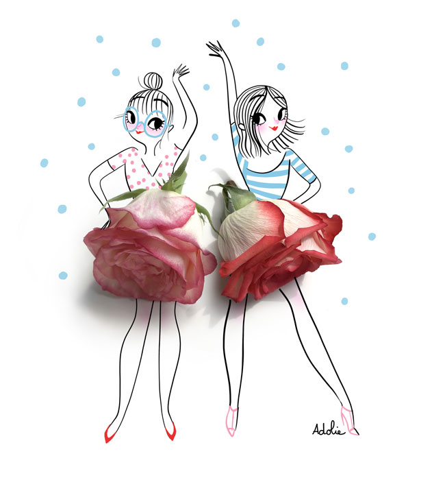 Illustration of Adolie Day of two women dancing with skirt made of flowers