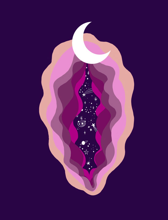 Illustration of Adolie Day metaphorizing a vulva in the cosmos