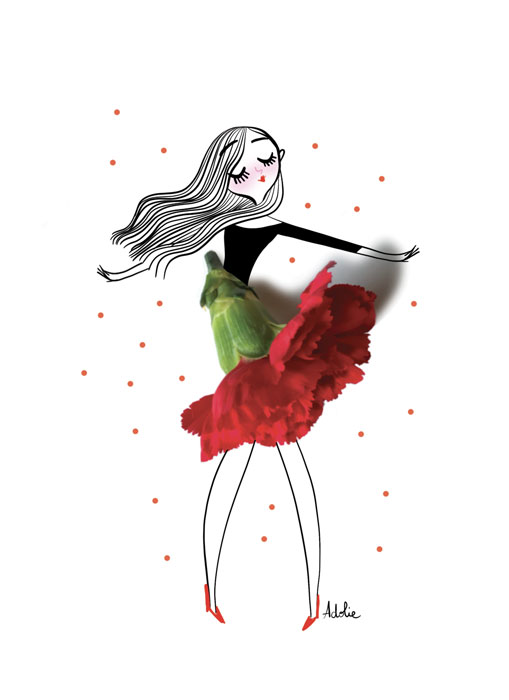 Illustration of Adolie Day with a skirt flower