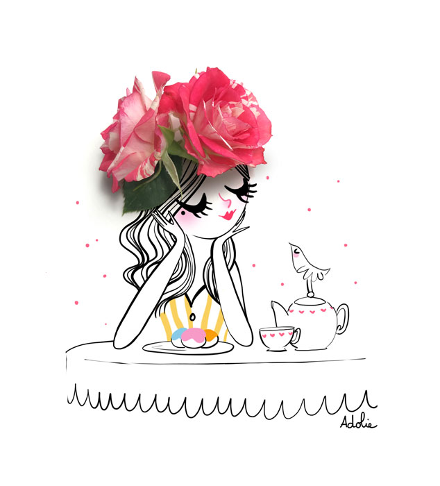 Illustration of Adolie Day of a woman enjoying some tea with flower on her head