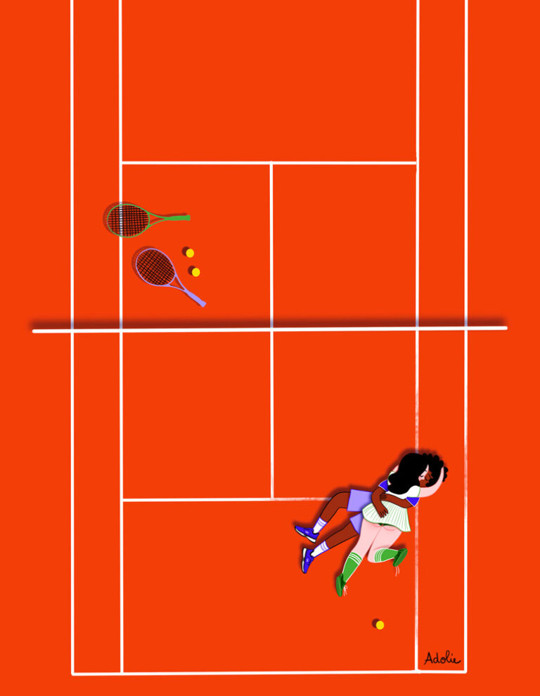 Illustration of Adolie Day of a couple kissing on a tennis court