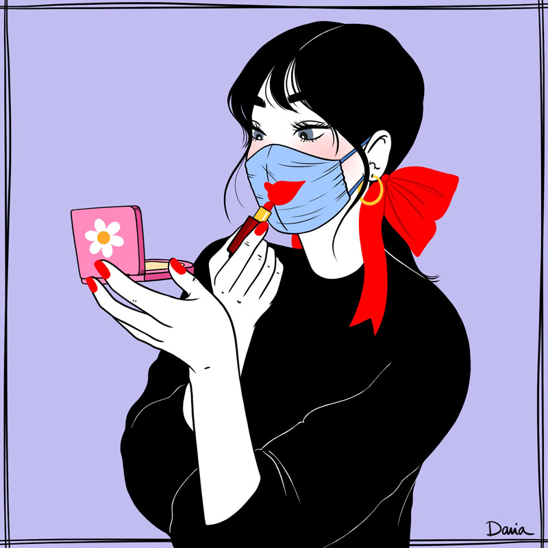 Illustration of Daria Piromalli whowing a girl who use lipstick directly on here health mask