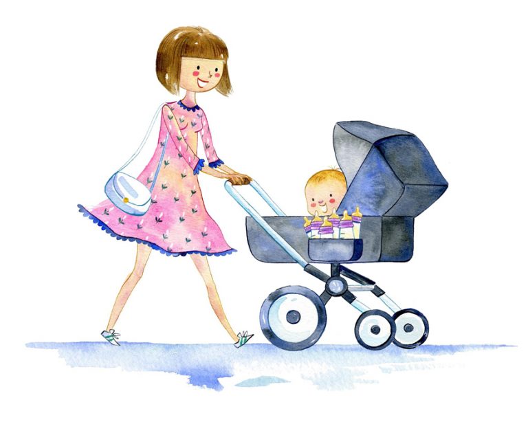 Illustration of Agnes Ernoult illustratinga mom with her baby in a stroller