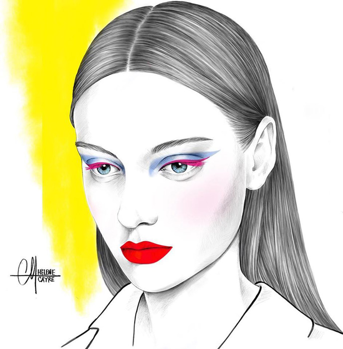 Illustration of Helene Cayre illustrating a woman in black and white with colored make up
