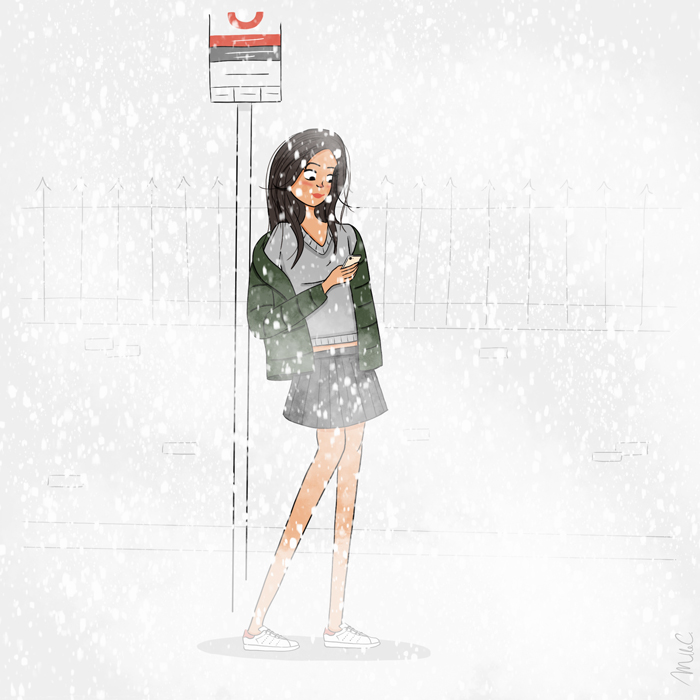 Illustration of Mad'moiselle C of a woman looking at her phone while it's snowing