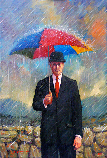 Illustration of Kevin McSherry of a guy with an umbrella