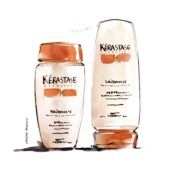 Illustration of Sabine Forget illustrating two orange bottle of hair product from Kérastase brand