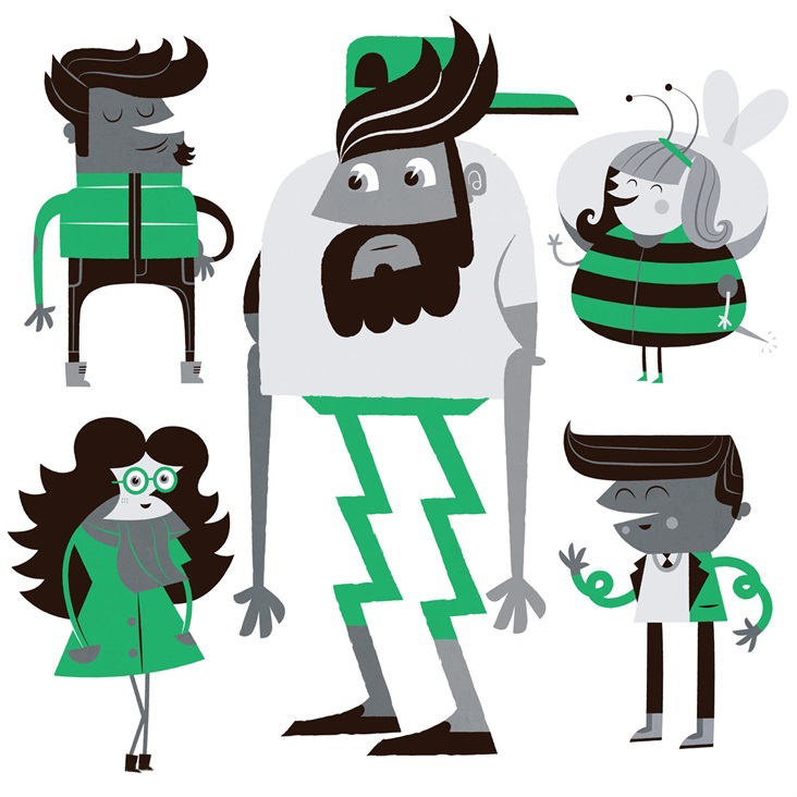 Illustration of Tim Bradford of 5 green characters