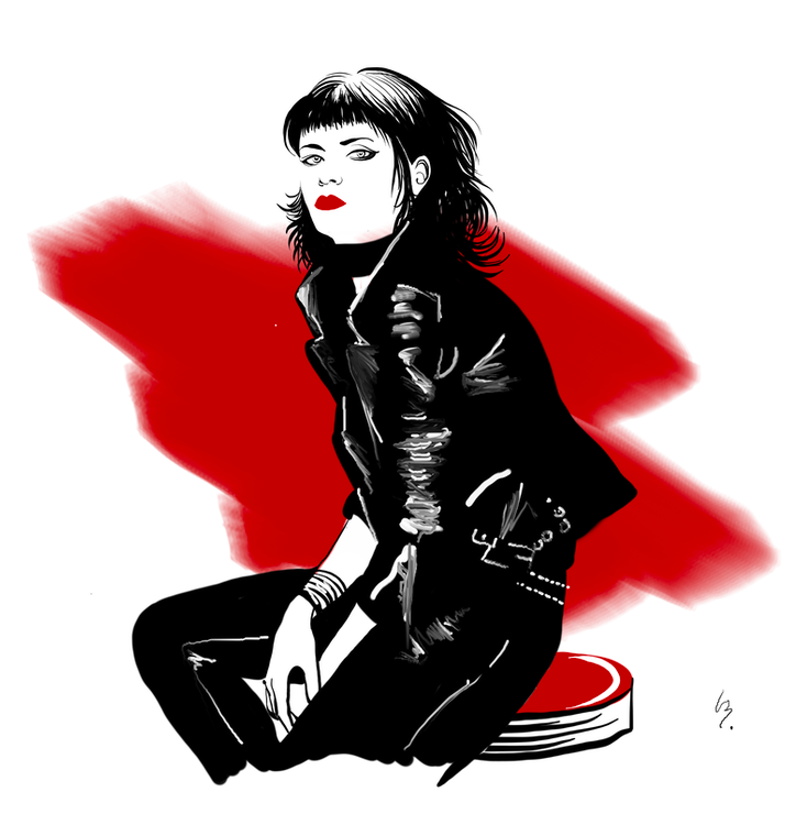 Illustration of Lena Bousquet Illustrating a women in leather jacket, with red background and red lipstick