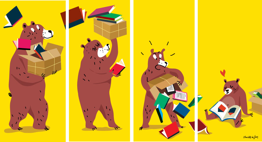 Illustration of Charlotte du jour illustration a bear family handling books