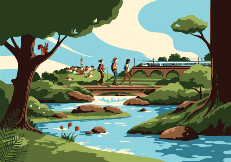 Illustration of a people walking in nature with a train in the background