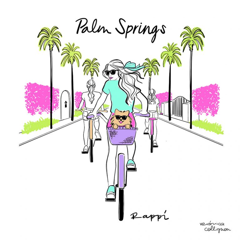 Illustration of Veronica Collignon showing the back of three women biking in a alley with Palm trees on the side. There is a small dog with sunglasses in the basket