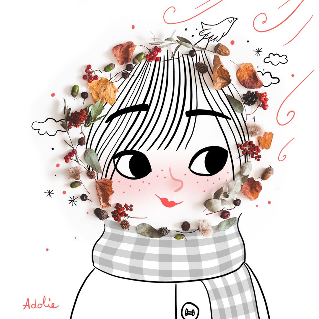 Illustration of Adolie Day of a freckled woman with leaves and nuts around her head