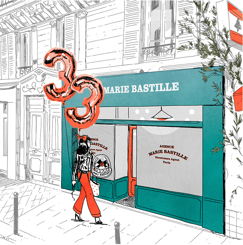 Dessin de l'agent d'illustrateur marie bastille devant sa boutique avec un ballon de baudruche en forme de 33 pour fêter ses 33 ans
