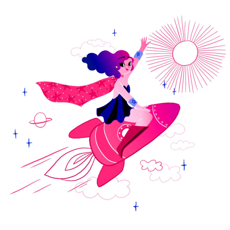 Illustration of Adolie Day of super hero in the style of wonder woman riding a rocket