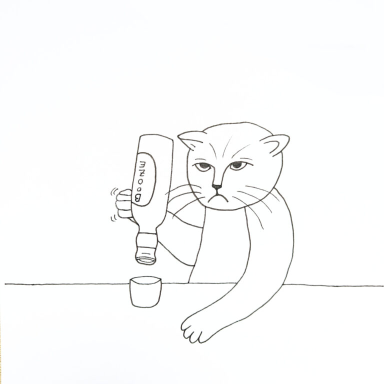 Illustration of Clemence Gancel that show a sad cat pouring himself some booze