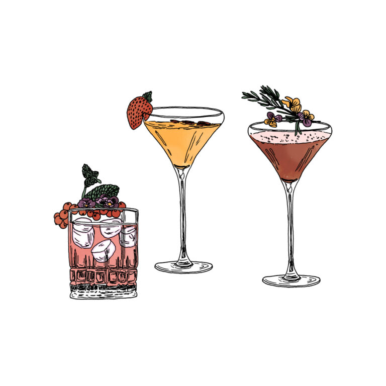 Illustration of Ophelie Dhayere representing three cocktails