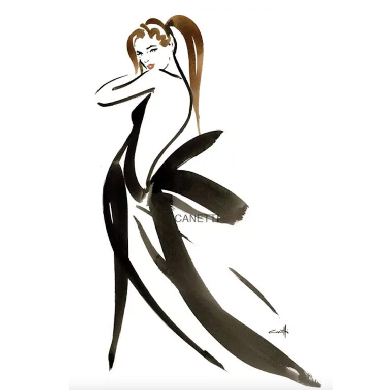 Illustration of Michel Canetti representing a woman with an evening dress