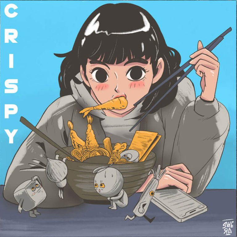 Illustration de Julien Tran Dinh, fille qui mange des ramens au baguettes pendant que les ingrédients humanisés essayent de s'enfuir
